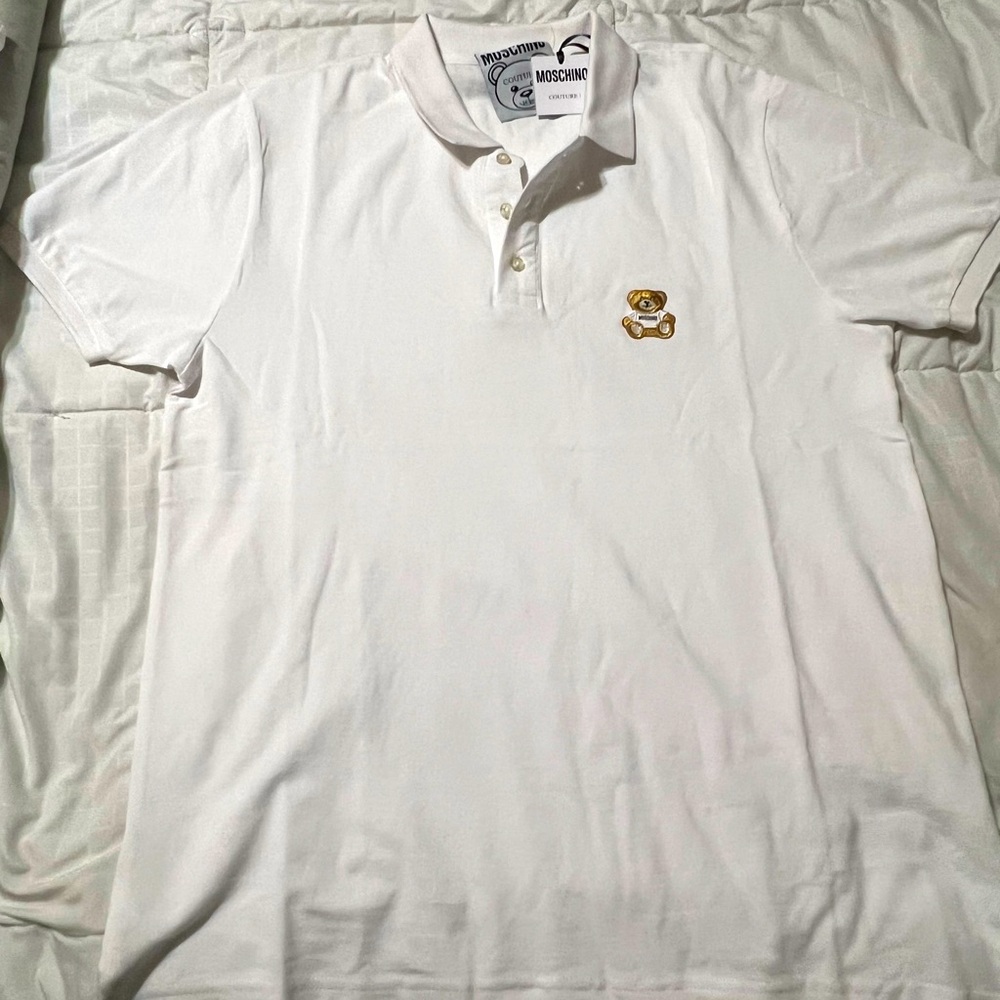 Moschino Teddy Embroidered Polo Shirt. White with embroidered Teddy mens size 40